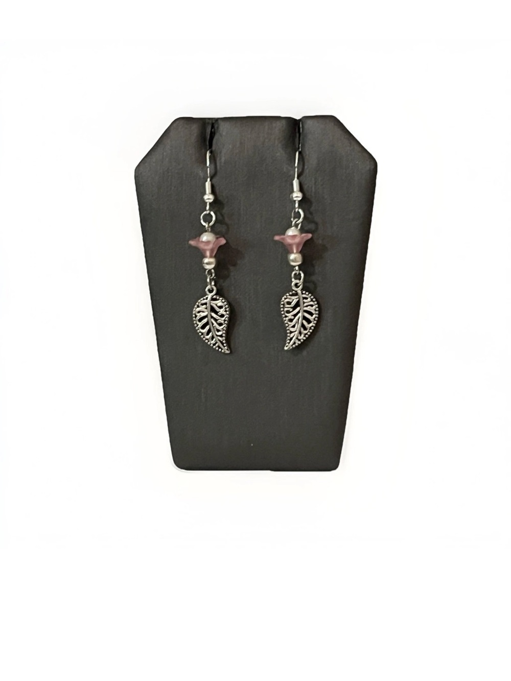 Pink Trumpet Flower Leaf Dangle Earrings Silver Tone Boho Chic Drop Jewelry